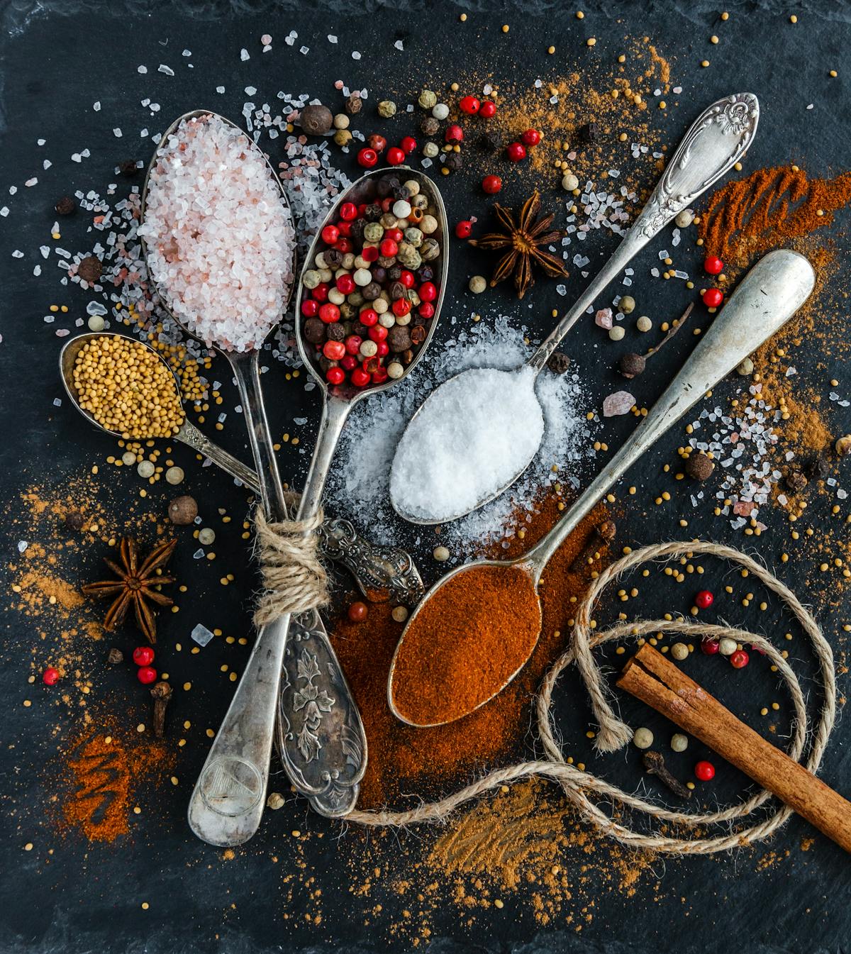 Colourful display of Caribbean spices and ingredients